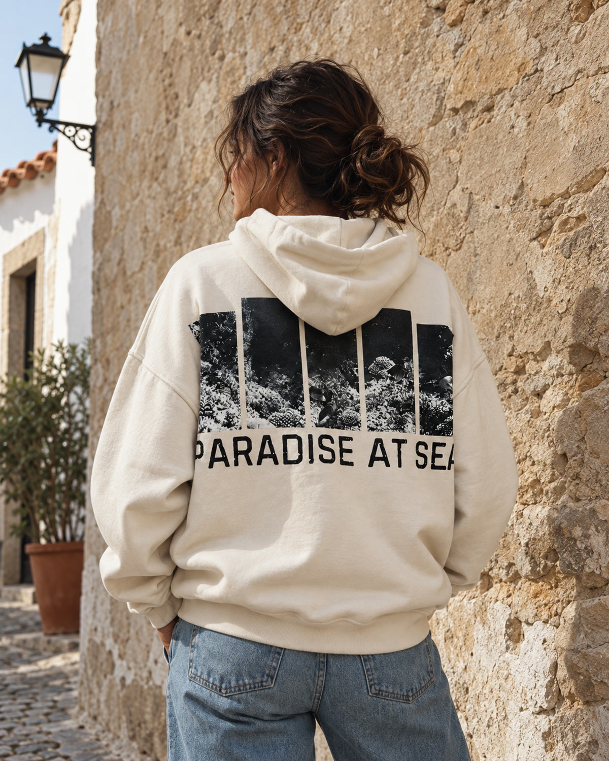 Paradise at Sea hoodie back, generated image